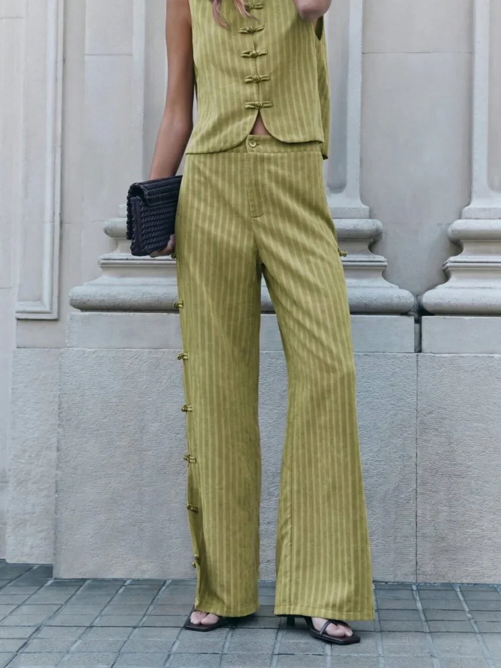 Green Casual Women's Sleeveless Vest And Wide-Leg Pants Set